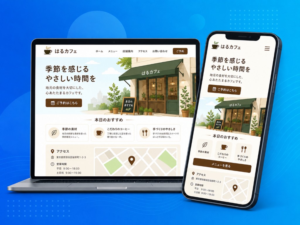 ホームページ制作のイメージ。ノートPCとスマホに日本語の店舗サイトが表示されている